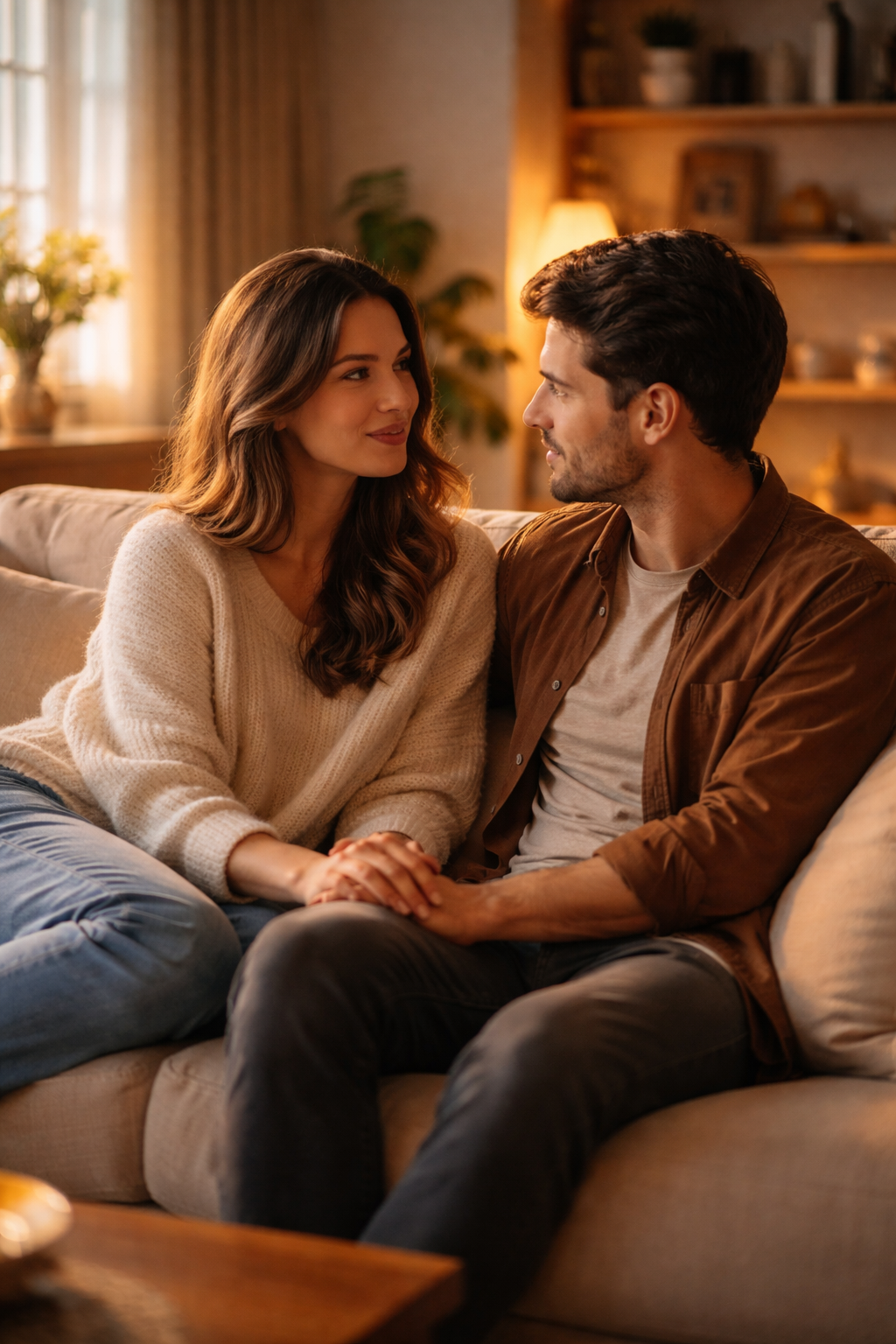 Pareja conversando de forma tranquila en un ambiente cálido